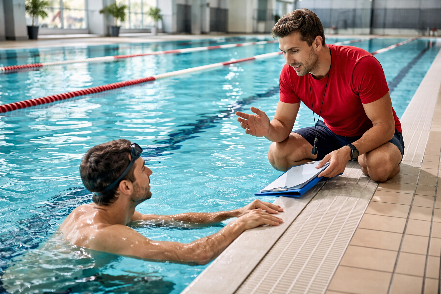Havuzda bireysel yuzme dersi sirasinda egitmen ve ogrenci