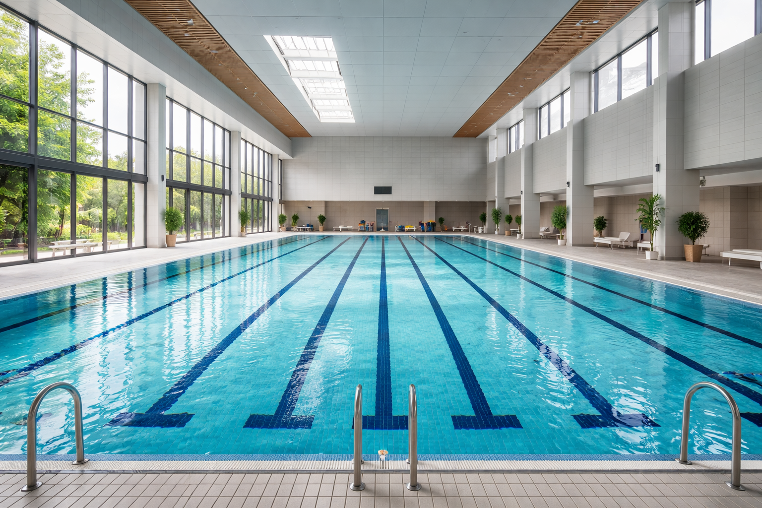 Temiz ve bakimli bir yuzme havuzu ic mekan gorunumu